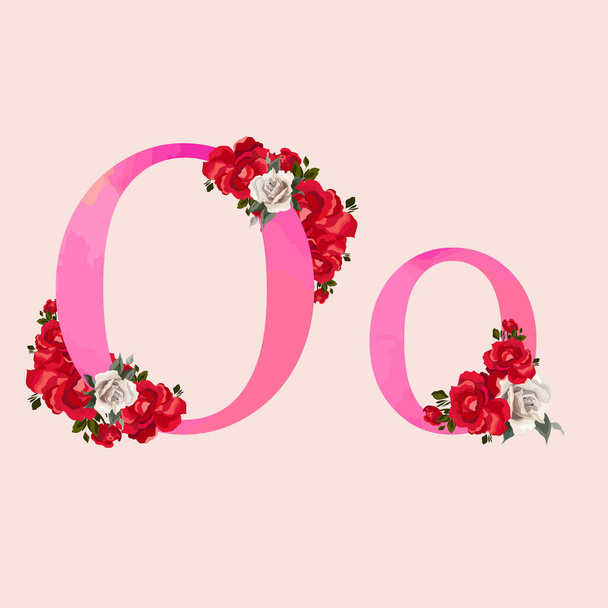 Floral Alphabet - pink watercolor effect letter O o with flower bouquet composition. Unique collection for wedding invitations, card decoration, and many others.  - Vector, Image