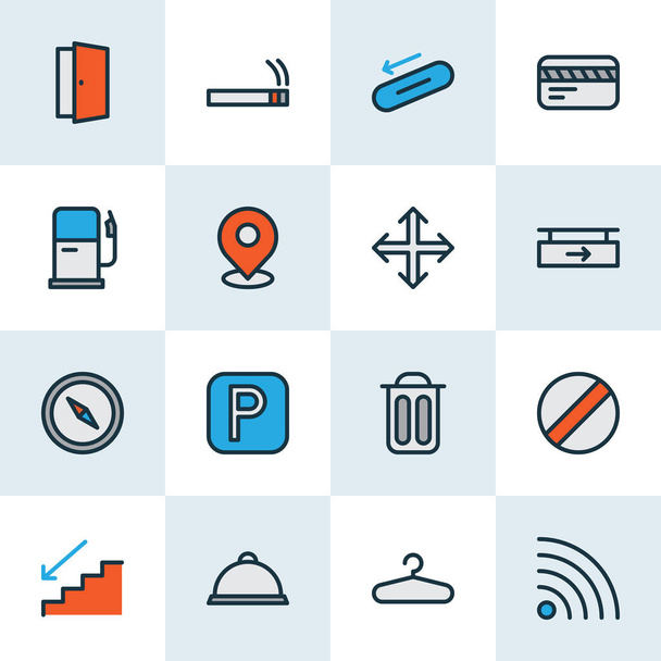 Direction icons colored line set with wifi, parking sign, smoke and other wardrobe elements. Isolated illustration direction icons. - Photo, Image