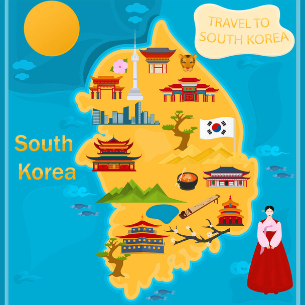   Mapa wektorowa Korei Południowej z symbolami narodowymi i tradycyjną architekturą. - Wektor, obraz