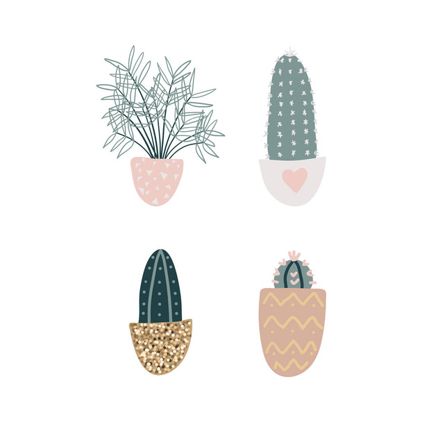 Collection of decorative houseplants isolated on white background. Bundle of trendy plants growing in pots. Set of beautiful natural home decorations. Flat colorful vector illustration. - Vector, Image