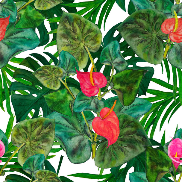 Hawaiian floral seamless pattern with watercolor tropical leaves and flowers. Calla flowers. Vintage Tropical summer print. - Valokuva, kuva