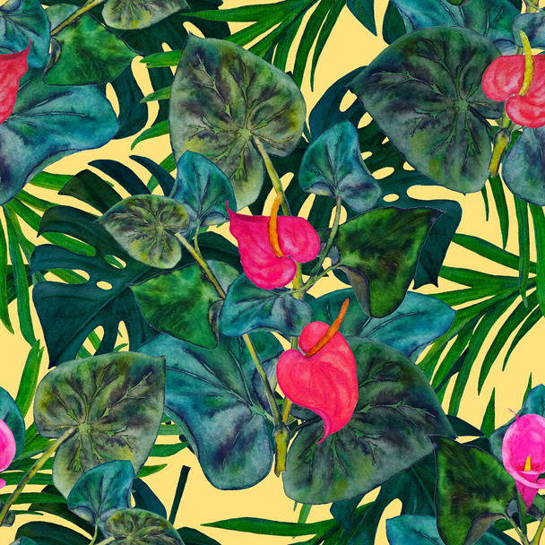 Hawaiian floral seamless pattern with watercolor tropical leaves and flowers. Calla flowers. Vintage Tropical summer print. - Foto, Imagen