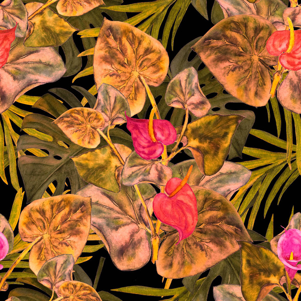 Hawaiianische florale nahtlose Muster mit tropischen Blättern und Blumen in Aquarell. Calla blüht. Vintage Tropischer Sommer Print. - Foto, Bild