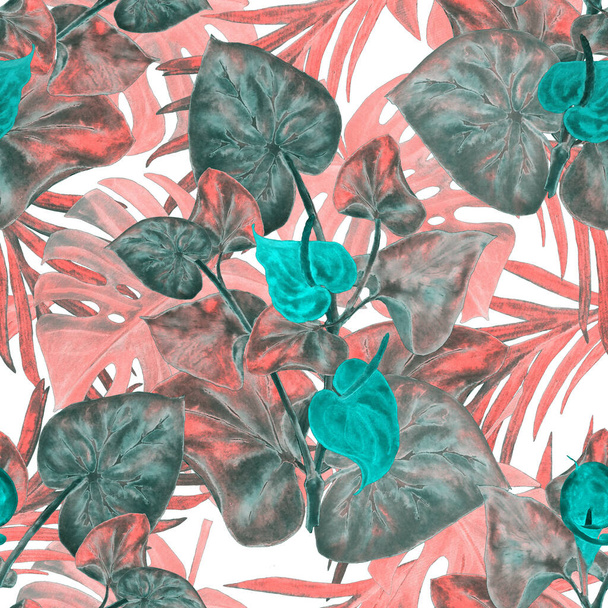 Hawaiian floral seamless pattern with watercolor tropical leaves and flowers. Calla flowers. Vintage Tropical summer print. - Fotografie, Obrázek