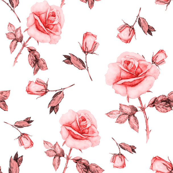 ピンクのバラ花植物花 野生春葉が分離されました 水彩イラスト セット 水彩描画ファッション Aquarelle シームレスな背景パターン 壁紙印刷手触りの生地 ロイヤリティフリー写真 画像素材