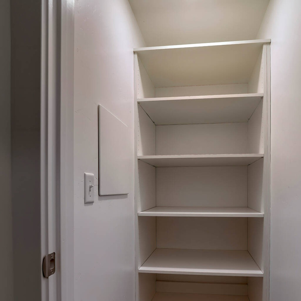 Square crop Walk in closet or pantry with empty wall shelves seen through open hinged door - Photo, Image