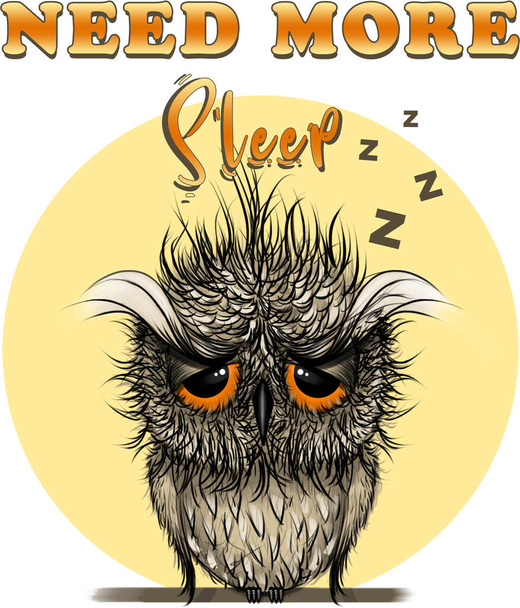 Need More Sleep Owl Ψηφιακή απεικόνιση, Hand Drawn T-shirt Εκτύπωση, Bird Design - Φωτογραφία, εικόνα