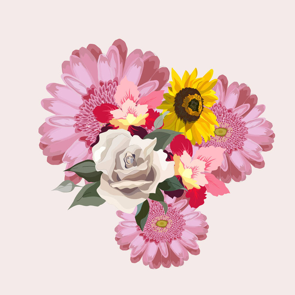 Virág illusztráció: egy csokor virág: rózsa, gerbera, és napraforgó. Esküvőtervezés: meghívók, kártyák, háttértervezés. - Vektor, kép
