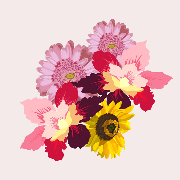Bloemen illustratie: een boeket bloemen: roos, gerbera, en zonnebloem. Bruiloft ontwerp: uitnodigingen, kaarten, achtergrond ontwerp. - Vector, afbeelding