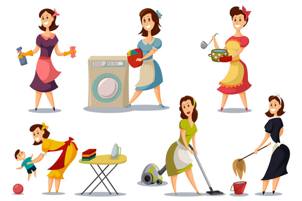 Háziasszonyok retro stílusú 50-es évekbeli vektorkészletben. Rajzfilm illusztráció egy anya egy porszívó, vasalás, mosás, főzés, játszik a baba. A női karakter házimunkát végez.. - Vektor, kép