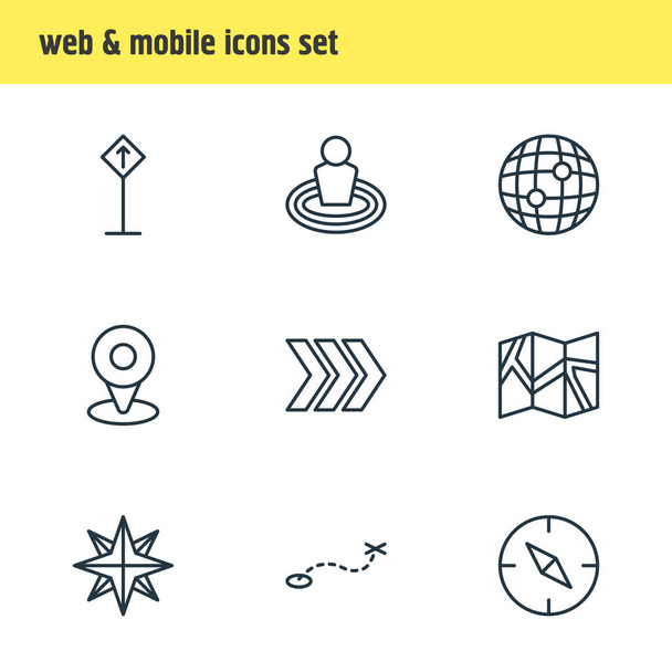 Vector illustration of 9 location icons line style. Editable set of globe, read sign, check-in and other icon elements. - Vettoriali, immagini