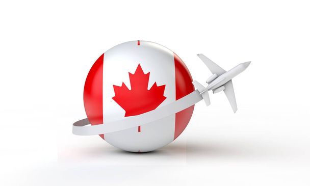 Travel to Canada concept. Airplane flying around flag. 3D Rendering. - 写真・画像