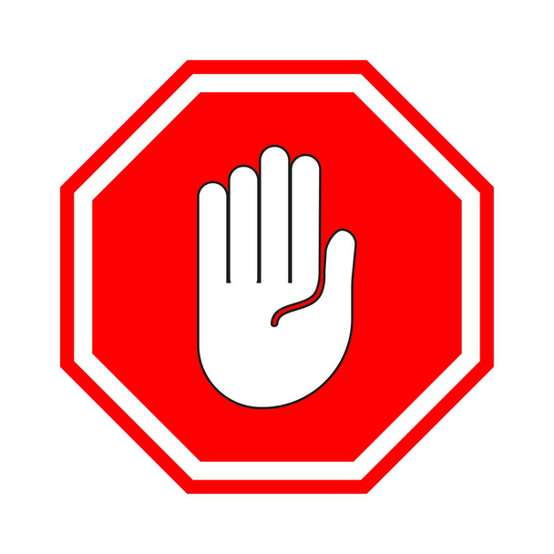 Stop met tekenen. Rood bord met menselijke hand in de vorm van een achthoek. Stop het gebaar met je hand, ga niet naar binnen, het is gevaarlijk. Er is geen ingang. Vector - Vector, afbeelding