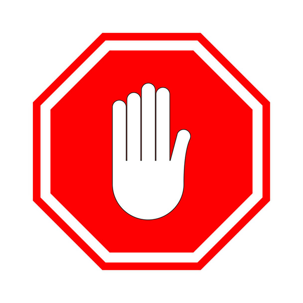 Znak stop. Czerwony znak zaporowy z ludzką ręką w kształcie ośmiokąta. Zatrzymaj gest ręką, nie wchodź, to niebezpieczne. Nie ma wejścia. Wektor - Wektor, obraz