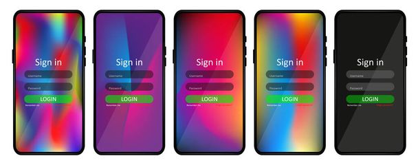 A set of screens for logging in users with a login and password. User interface and page form for mobile applications. Realistic smartphone layout and user interface design. User login form. Vector - Vector, Image