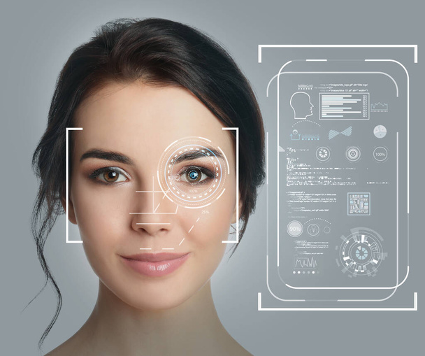 Facial recognition system. Woman with scanner frame on face and information - Foto, Bild