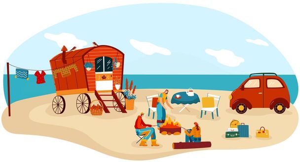 People travel in trailer vector illustration, cartoon flat happy man woman camper traveler characters cook picnic food on beach campfire - Vektor, obrázek