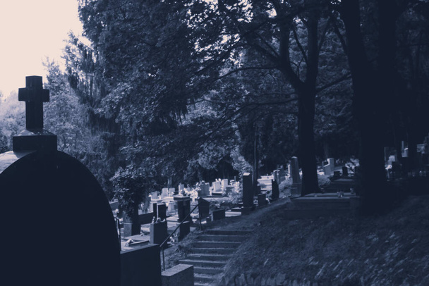 cementerio triste y extraño durante las vacaciones cristianas en la temporada otoñal monocromo
 - Foto, imagen