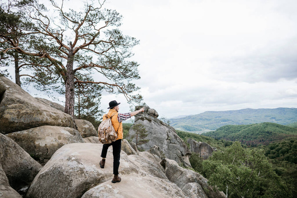 A young hipster hiker stands on top of a cliff among a mountain forest - Zdjęcie, obraz