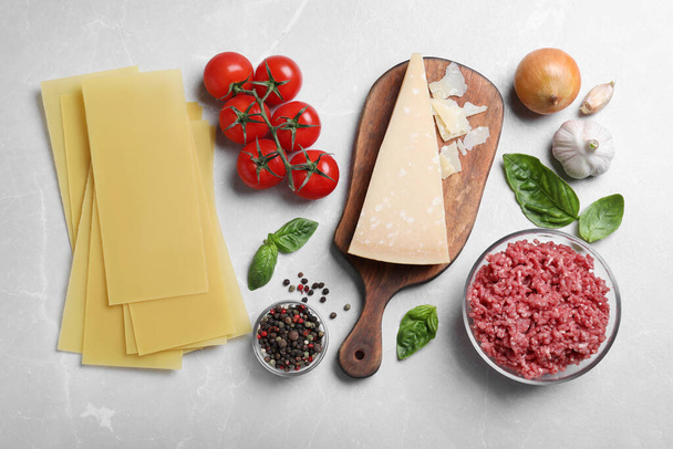 Fresh ingredients for lasagna on light grey marble table, flat lay - Фото, изображение
