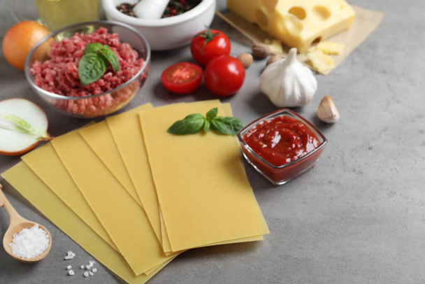 Fresh ingredients for lasagna on grey table - Foto, Imagem