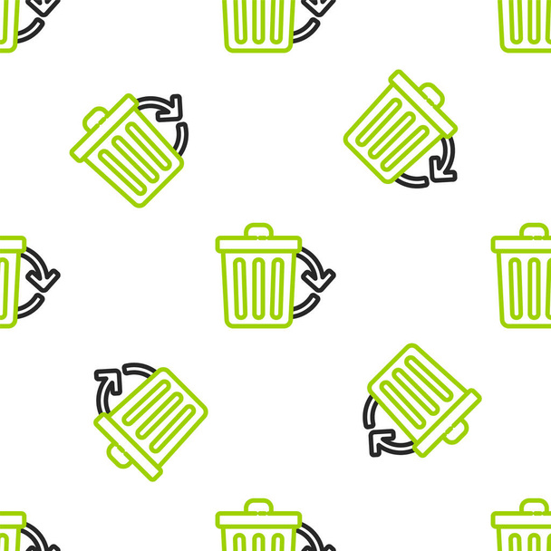 Línea Papelera de reciclaje con icono de símbolo de reciclaje aislado patrón sin costura sobre fondo blanco. Icono de bote de basura. Cartel de basura. Reciclar signo de cesta. Ilustración vectorial - Vector, Imagen