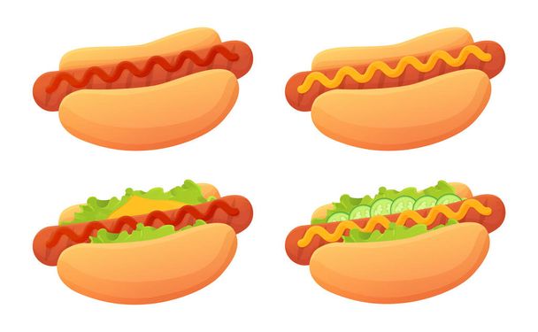 Çizgi film Hot dog seti. Çörek, sosis, ketçap, hardal sosisi, peynir, marul gibi garnitürler. Sokak yemekleri, sağlıksız abur cubur konsepti. Stok vektör çizimi düz çizgi film tarzında izole edildi. - Vektör, Görsel