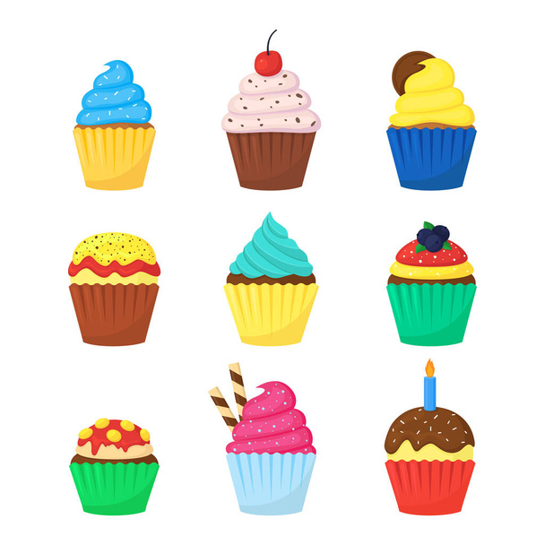 Cute delicious colorful muffins set with sweet toppings. Food dessert for cafe, shop promo. Bakery products and pastry theme. Cupcakes isolated on white. Flat style vector illustration. - Vector, Image