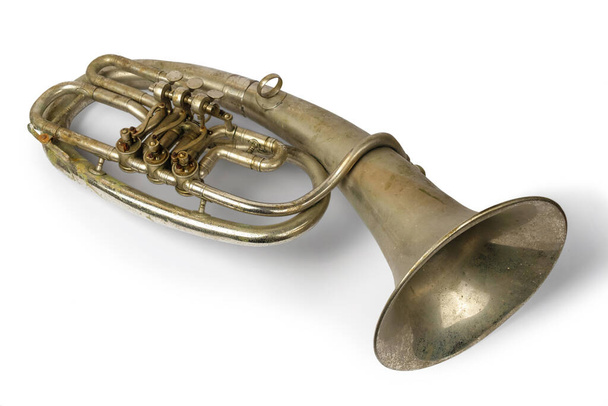 Old vintage tenor horn on a white background, isolated - Photo, Image