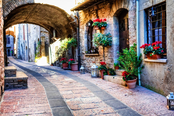 Charming old medieval villages of Italy with typical floral narrow streets. Assisi , Umbria - Fotó, kép