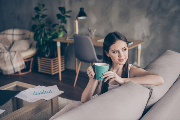 Portrait of calm satisfied girl manager sit divan drink hot coffee tea rest relax after start-up project working look in house indoors apartment - 写真・画像