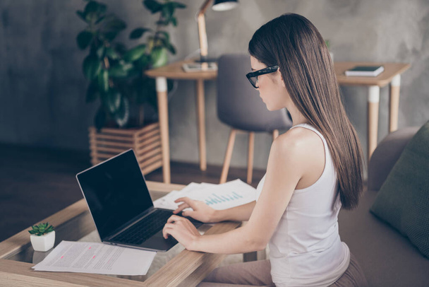 Profile side photo of focused girl economist work remote laptop have online communication colleagues partners search start-up progress project information sit divan in house indoors - 写真・画像