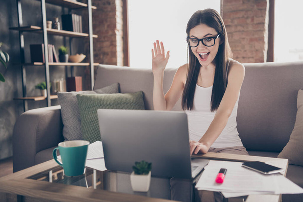 Portrait of successful surprised positive coach girl sit divan use laptop video call partnership appointment hold hand greet colleagues in house indoors - Fotoğraf, Görsel
