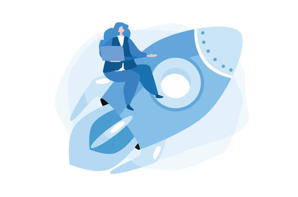 Rise of the career to success, woman on rocket spaceship. Vector illustration for web banner, infographics, mobile.  - Vector, Image
