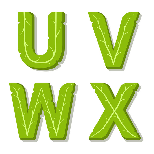 Vector green eco alphabet. Perfectly suited for healthy restaurants and green brands, like vegan places, cooking website, veggie recipes blog. Font for t-shirts and cards. Isolated illustration. - Vettoriali, immagini