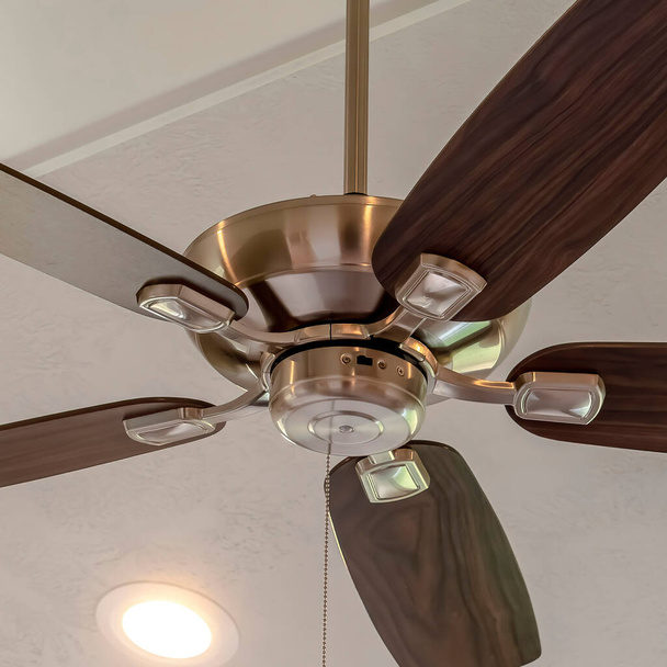 Čtverec Elektrický ventilátor s vestavěnými světly instalovanými na dekorativním dřevěném stropním nosníku - Fotografie, Obrázek