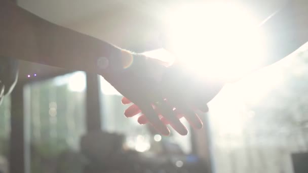 zakenman en vrouw die elkaar de hand schudden. Close-up van zakenmensen schudden handen op zonsondergang. - Video