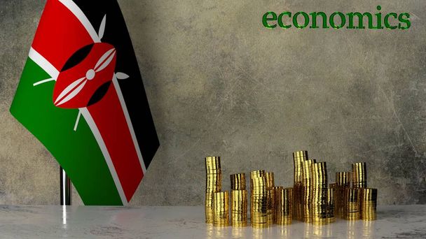 Piles of gold coins on a marble table against the background of the flag of Kenya. 3D rendering - Photo, Image