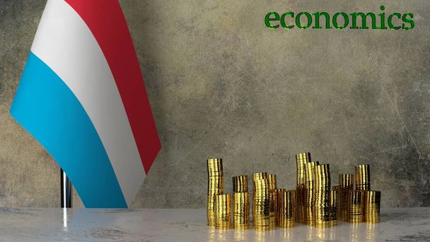 Кучи золотых монет на мраморном столе на фоне флага Люксембурга. 3D рендеринг
 - Фото, изображение