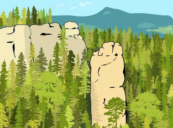 Impressive sandstone rock formation hidden in the woods. Towersenticing climbers. Vector illustration of beautiful nature of Bohemian Paradise, Czech Republic. - Vector, Image