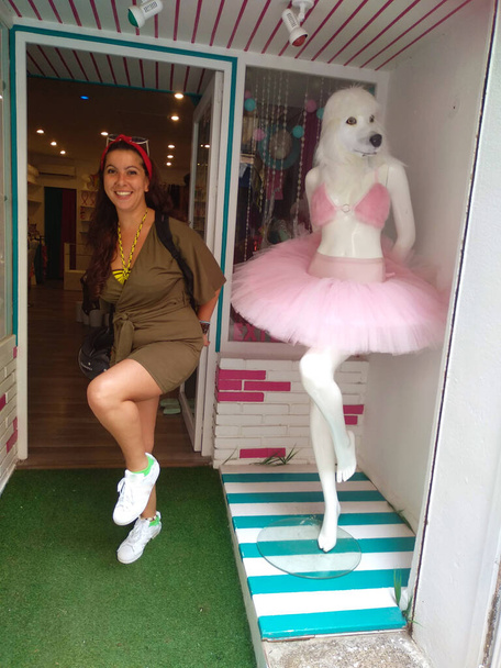manequim branco engraçado com cabeça de cão e vestido de bailarina de tule rosa para uma piada no estilo menina
 - Foto, Imagem