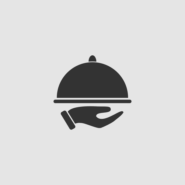 Restaurant cloche in hand the waiter icon flat. Black pictogram on grey background. Vector illustration symbol - Vector, Image