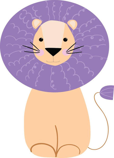 Cute little lion with a purple mane. Children's vector character. - Вектор,изображение