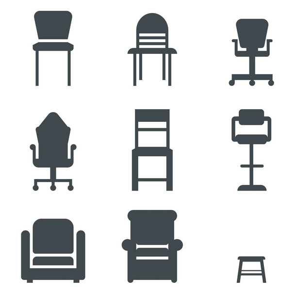 様々な椅子とアームチェアのセット。広く知られている形. - ベクター画像