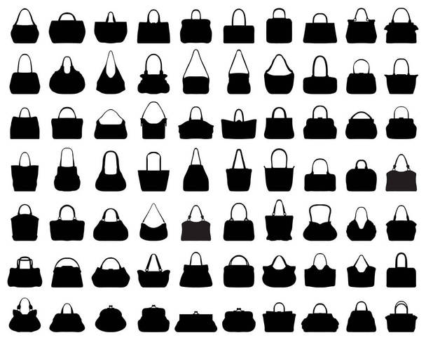 Grande conjunto de silhuetas pretas de bolsas em um fundo branco
 - Vetor, Imagem