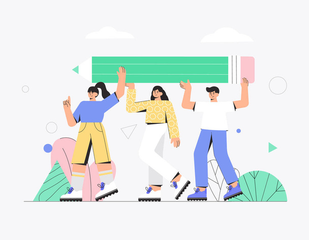 The concept of team work, business, partnership, cooperation. Team work in project, several people, man and woman holding large pencil. Vector illustration in a modern flat style. - Vector, Image