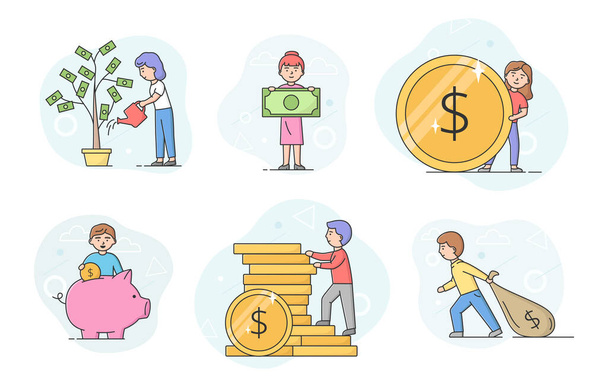 Business Investment And Getting Profit Concept. Set Of Business People Making An Investments. Men And Women Increase Their Budget And Capital. Cartoon Linear Outline Flat Style. Vector Illustration - Vector, Image