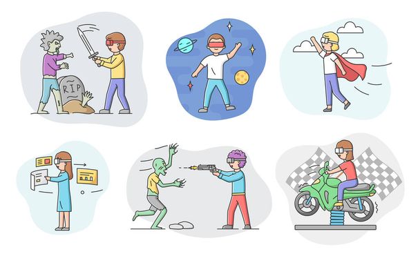 Concept Of Virtual Reality Games. Set Of People In Goggles Play Real Time VR Games. Characters Imagine Themselves By Superheroes And Great Persons. Cartoon Linear Outline Flat Vector Illustration - Vector, Image