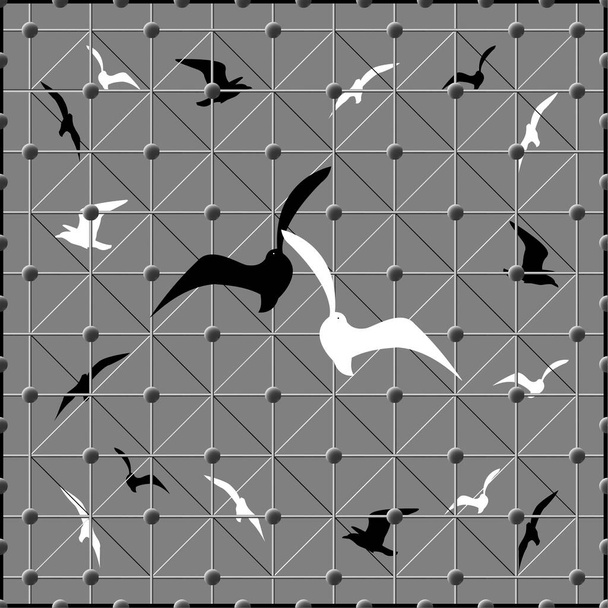 Stilisiertes Muster schwarzer und weißer Vögel auf dem Hintergrund von Gittern und Bällen. Hintergrund für Textil- und andere Designlösungen - Vektor, Bild