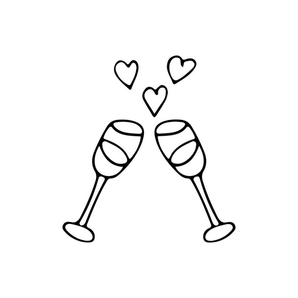 Romantic two wineglasses with hearts. Doodle wine glasses icon with hearts in vector. Hand drawn wine glasses with hearts in vector - Vector, Image